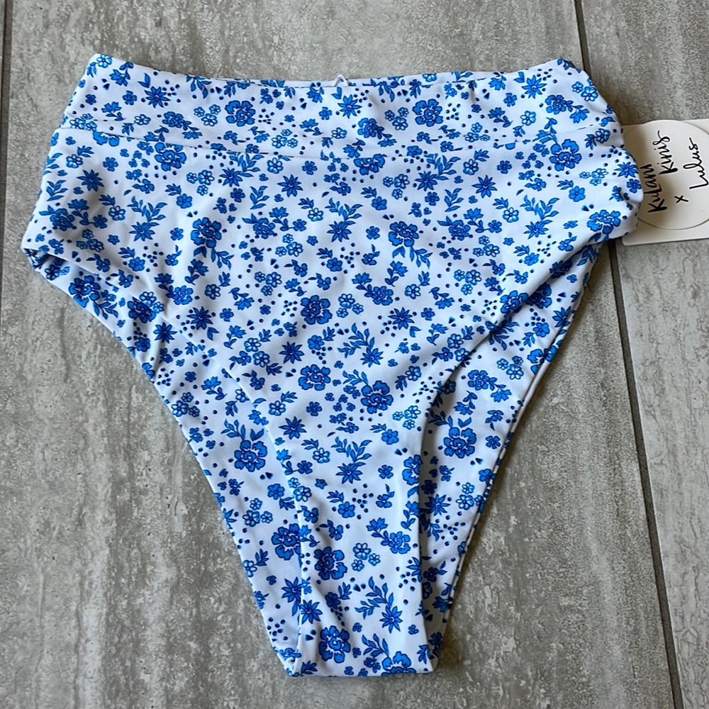 Kulani Kinis,  White Bikini Bottom with Blue Floral Design XS